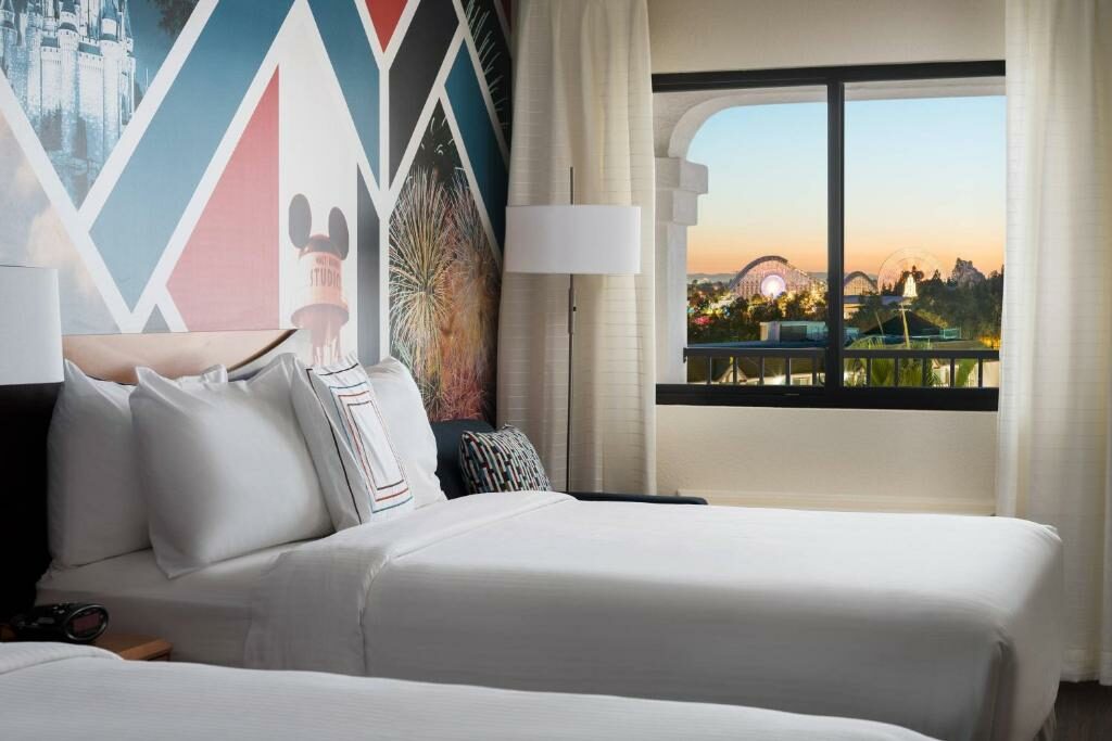 A theme room at the Fairfield Inn with a view of Disneyland.