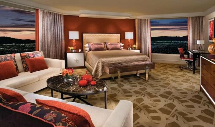 A suite at the Bellagio, one of the hotels on the Las Vegas Strip with jacuzzi suites.