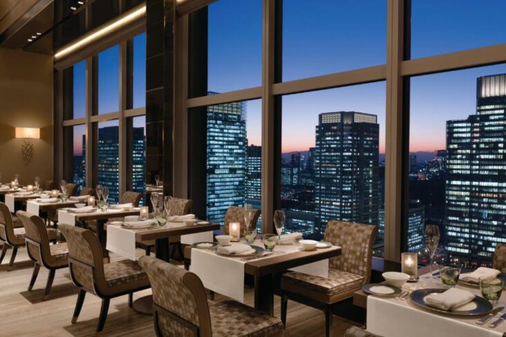 A rooftop restaurant at the Shangri-La Hotel Tokyo, one of the hotels near Tokyo Station.