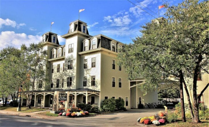 The Bar Harbor Grand Hotel, one of numerous hotels in Bar Harbor, Maine.,