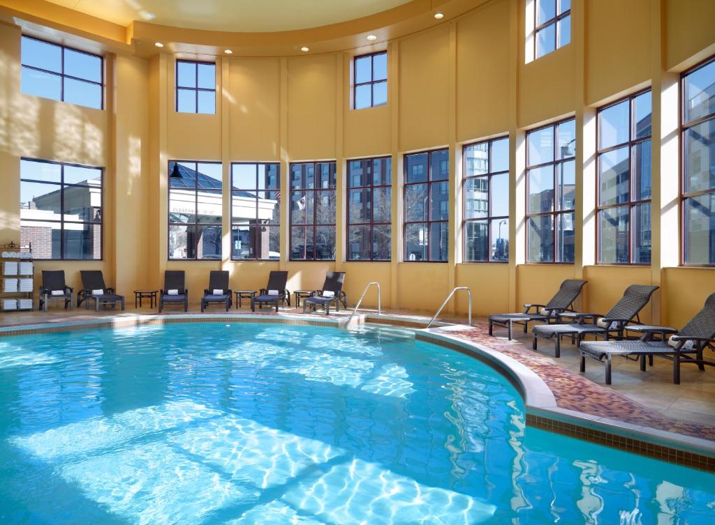 The swimming pool at the Marriott Bloomington Normal Hotel and Conference Center, one of the hotels near ISU Normal.