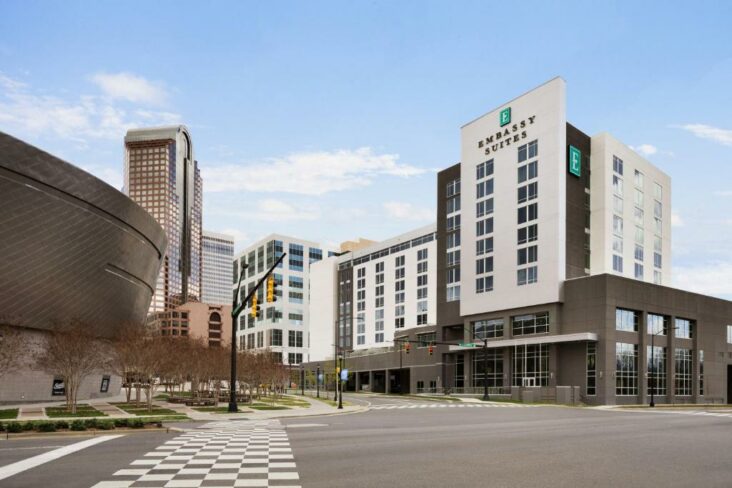 The Embassy Suites by Hilton Charlotte Uptown is one of several hotels near the NASCAR Hall of Fame.