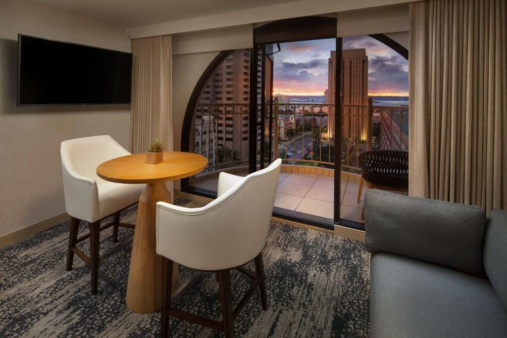 A junior suite with a balcony at The Westin San Diego Gaslamp Quarter.