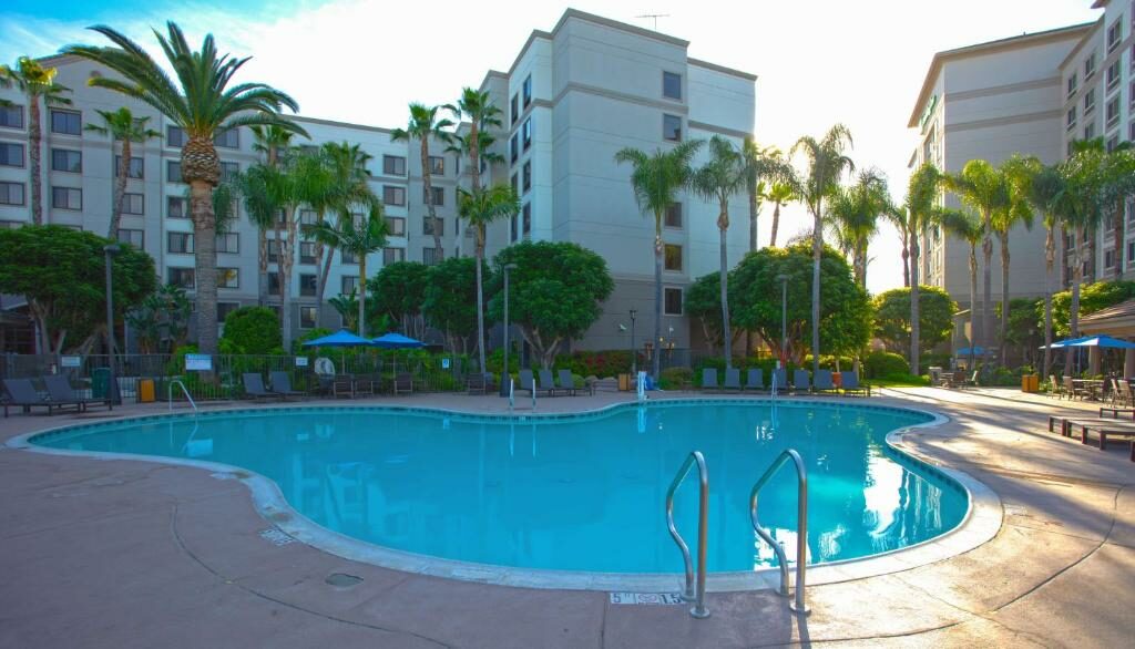 By the mouse-shaped swimming pool at the Sonesta Anaheim Resort Area.