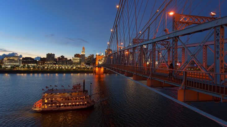 Dusk along the Ohio River in Cincinnati.